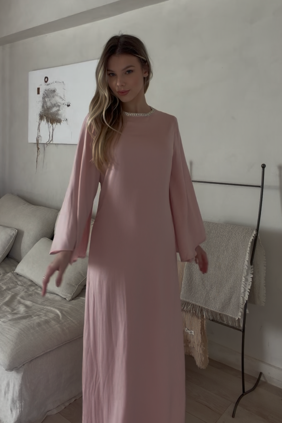 Pink Batwing Rhinestone Dress