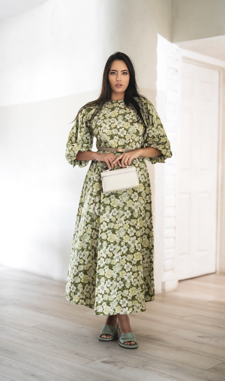 Green Floral Balloon Sleeve Dress