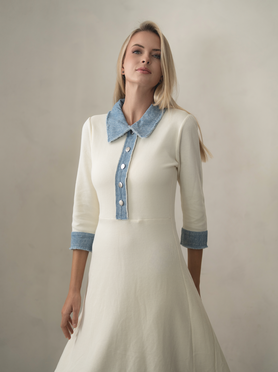 Denim Trim White Waffle Dress