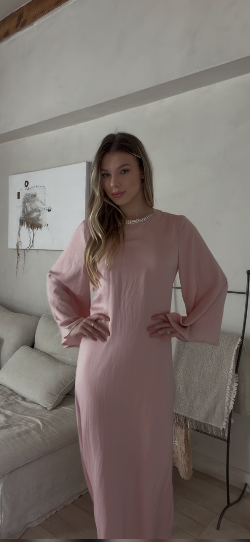 Pink Batwing Rhinestone Dress