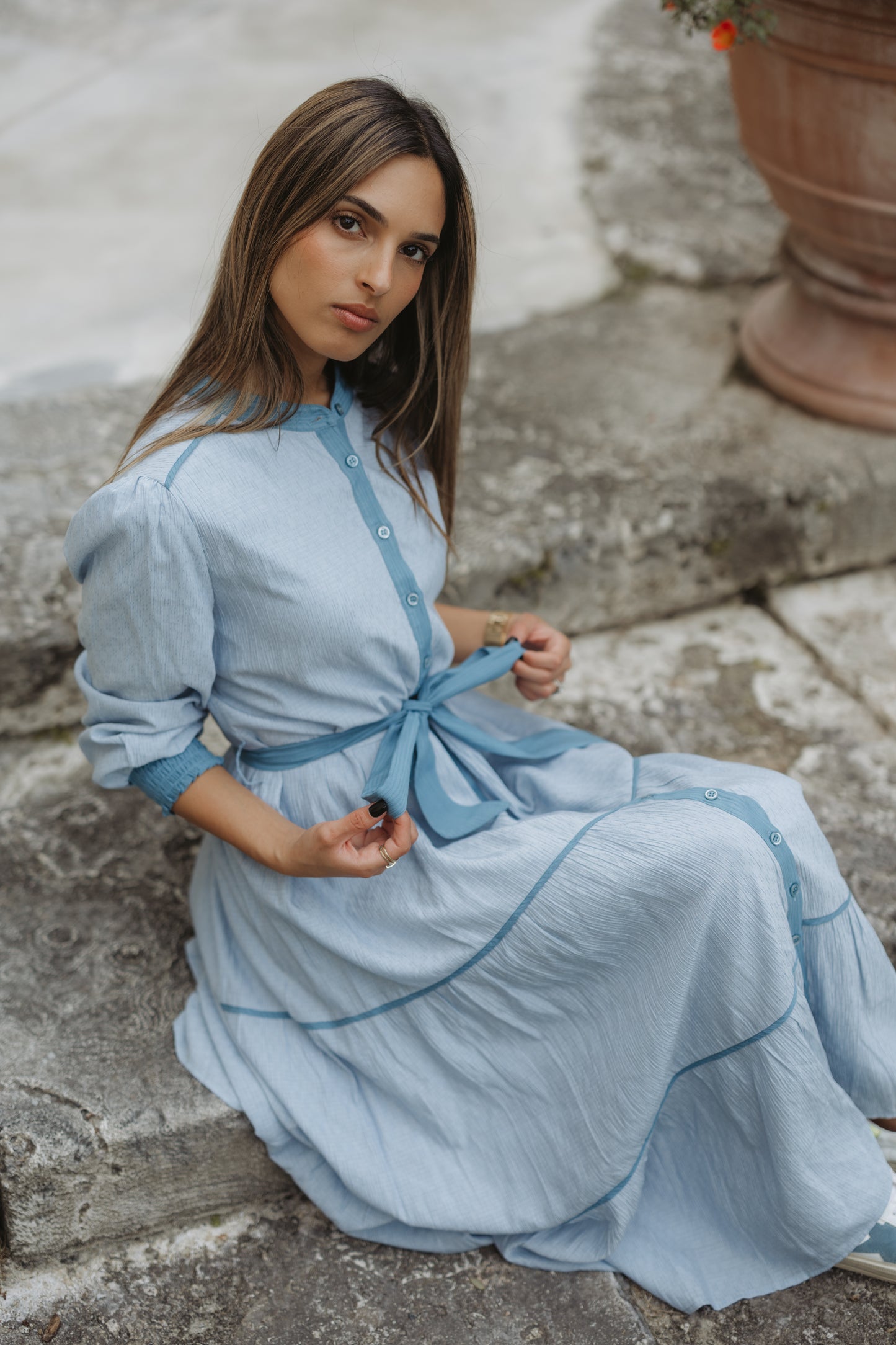 Blue Contrast Tie Dress