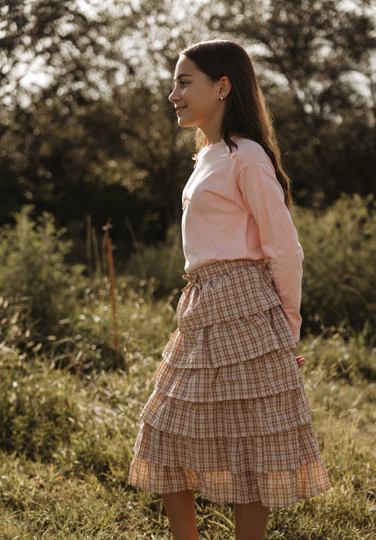 Beige Plaid Tiered Ruffle Skirt