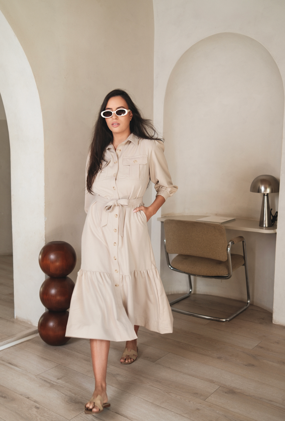 Utility Beige Button Down Dress