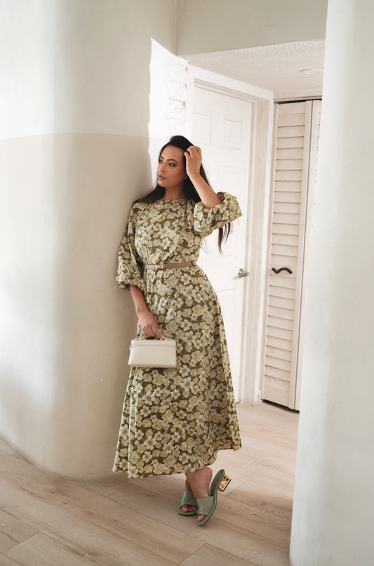 Green Floral Balloon Sleeve Dress
