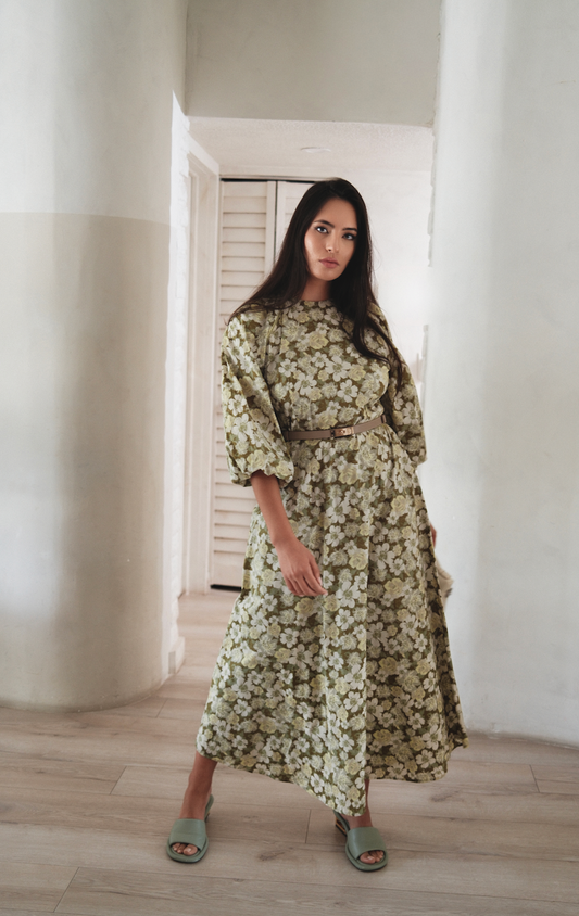 Green Floral Balloon Sleeve Dress