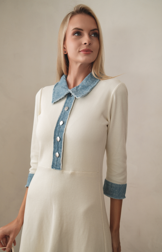 Denim Trim White Waffle Dress