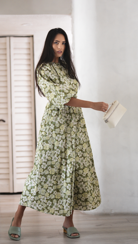 Green Floral Balloon Sleeve Dress