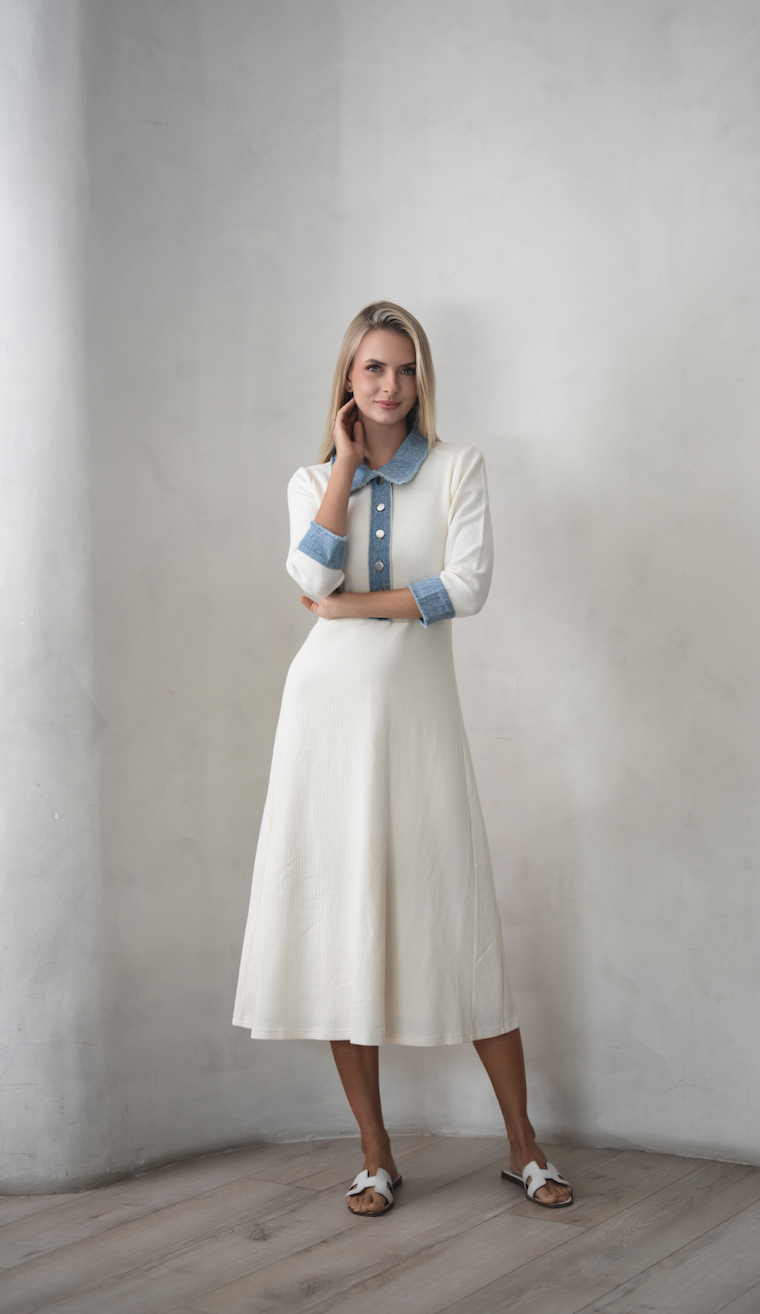 Denim Trim White Waffle Dress