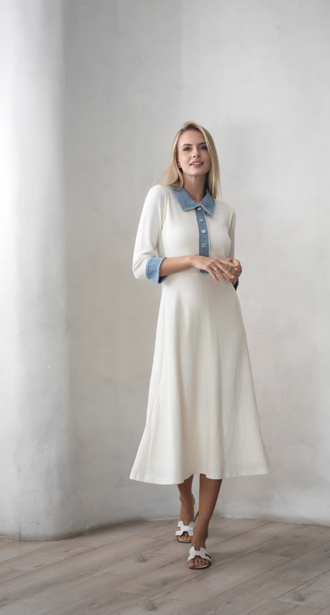 Denim Trim White Waffle Dress