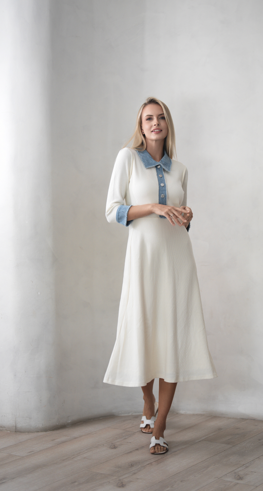 Denim Trim White Waffle Dress