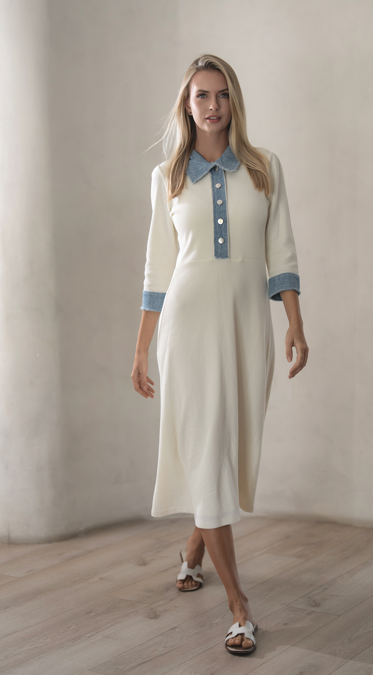Denim Trim White Waffle Dress