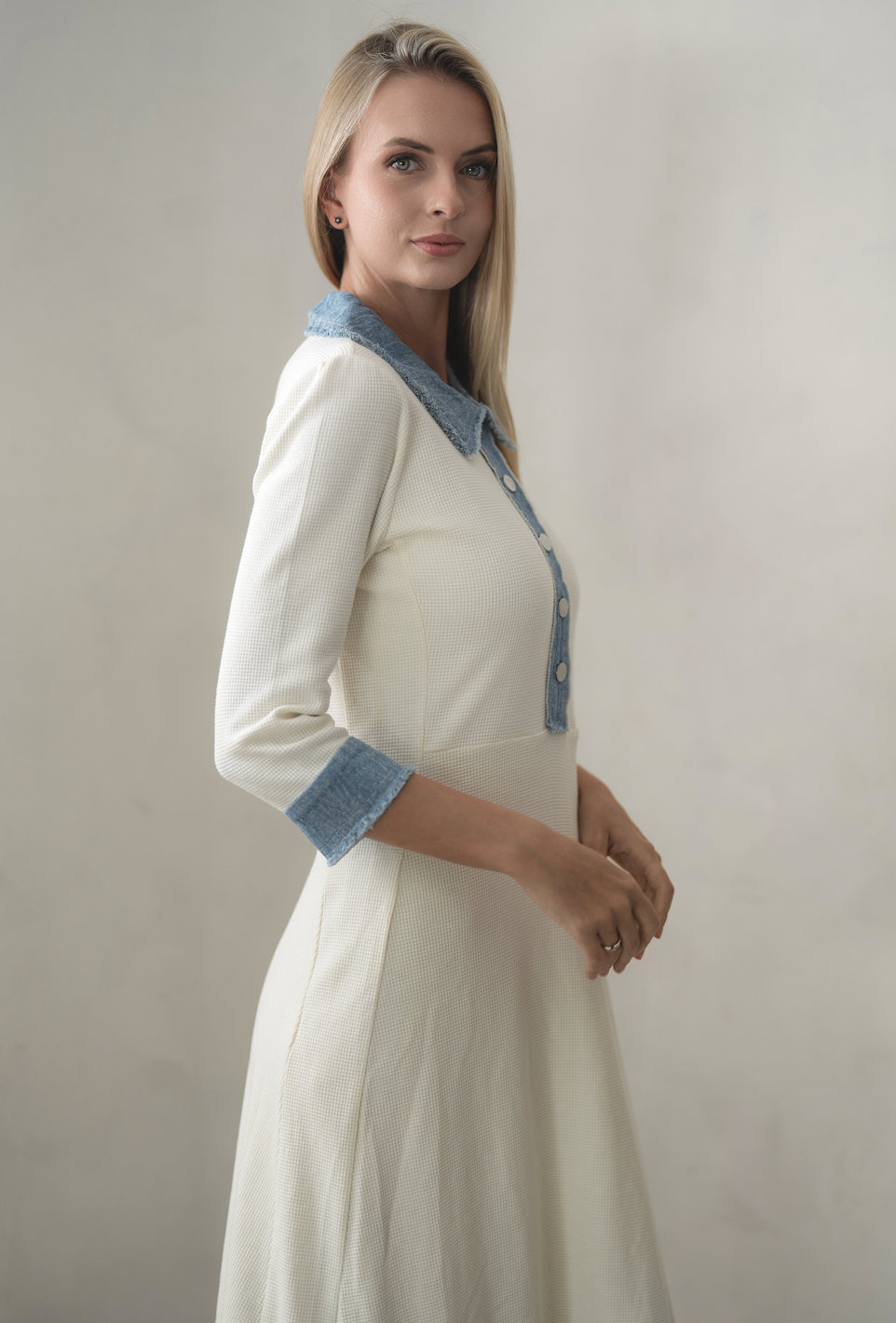 Denim Trim White Waffle Dress
